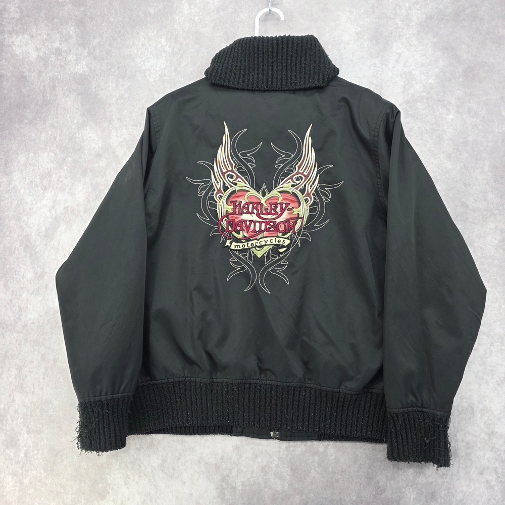 Harley-Davidson Womens Black Bomber Jacket Heart Wings Graphic Size 2W